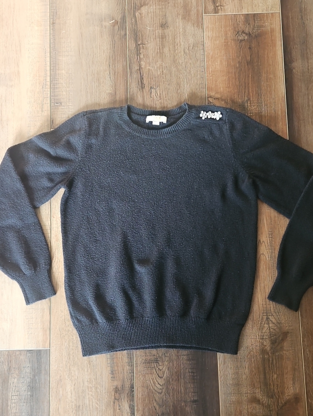 LOFT Black Crewneck Sweater with Shoulder Bead Accent